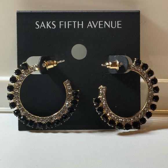 Saks Fifth Ave Gold Tone Black Crystal Open Hoop post Earrings - Picture 6 of 8